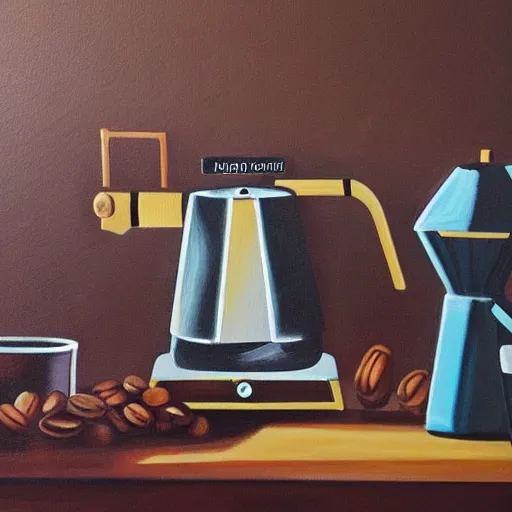 Prompt: a painting of android espresso machine that makes coffee from human souls