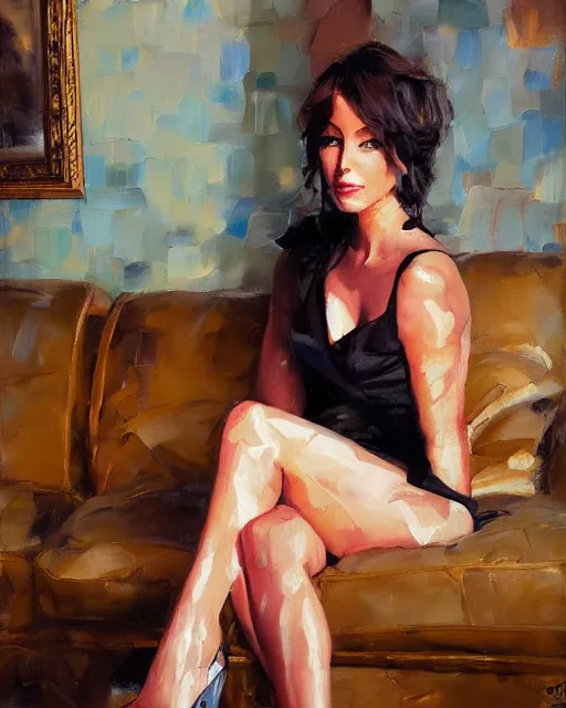 Image similar to a painting of a woman sitting on a couch, a fine art painting by michael garmash and richard s. johnson, deviantart, figurative art, detailed painting, oil on canvas, fine art