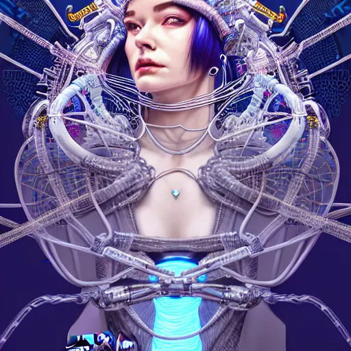 Image similar to high quality, high detailed portrait of a snow queen cyberpunk character in a futuristic world, snow crush. hyperrealism, intricate details, cables, wires, elaborate futuristic crown. connectors led. tristan eaton, victo ngai, artgerm, rhads, ross draws, alphonse mucha, pastel colors, vintage, artstation, vector. 8 k