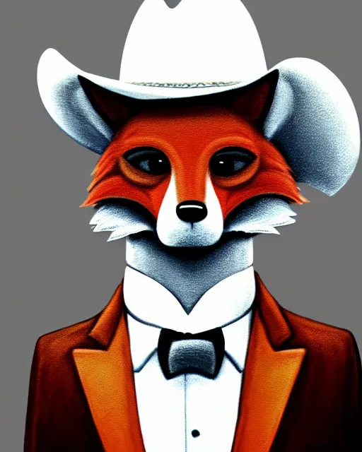 Prompt: close up anthropomorphic art of a fox wearing a white tuxedo, white cowboy hat, and aviator sunglasses, holding a cigar, artstation. highly detailed painting, smooth, global illumination