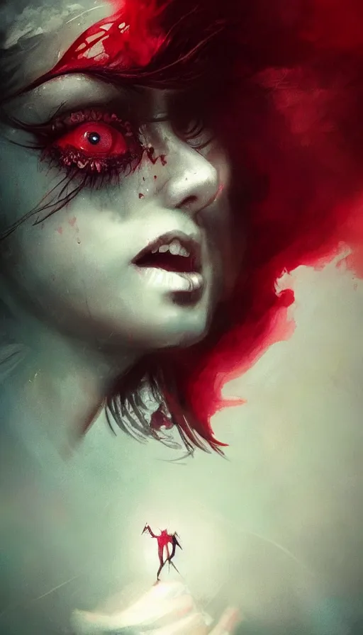 Prompt: shot of singer girl with pouty aerochrome ( ( ( lips ) ) ), powerful, adorable, expressive eyes, big evil grin, kawaii playful pose of a dancer, greg rutkowski, charlie bowater, yuumei, stephen gammell, unreal 5, daz, hyperrealistic, dark, dynamic lighting, fantasy art, beautiful face