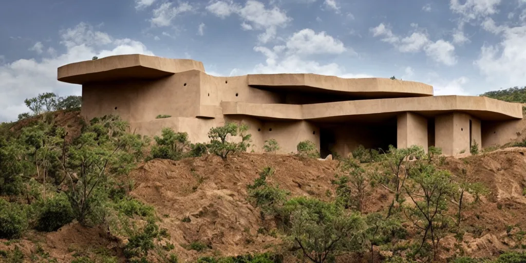 Prompt: rammed earth palace atop a jungle hill