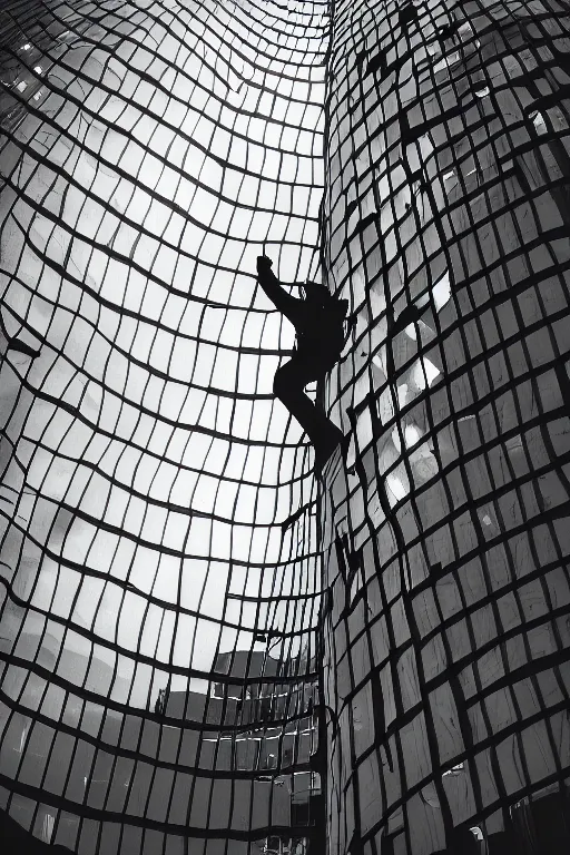 Image similar to view from below, man in reflective jacket closeup, night, the barbican behind, fashion photography, 3 5 mm photography, exposed b & w photography