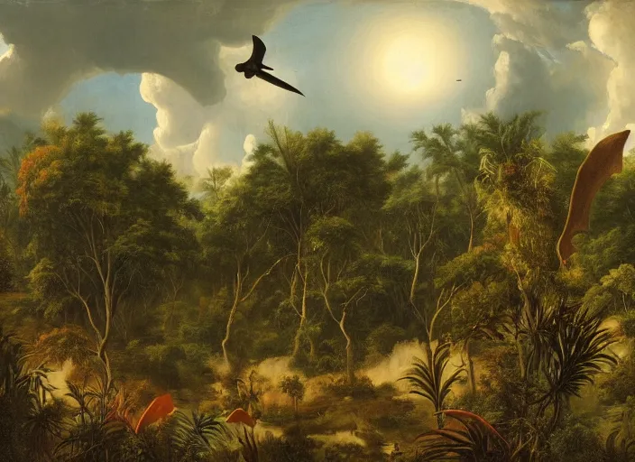 Prompt: a scene of the jurassic era, with extinct plants and tropical rain forests. a dark sky is looming above. pteradactyls are seen flying high the sky in the distance, grassy meadows in the distance. in the style of hudson river school of art, oil on canvas