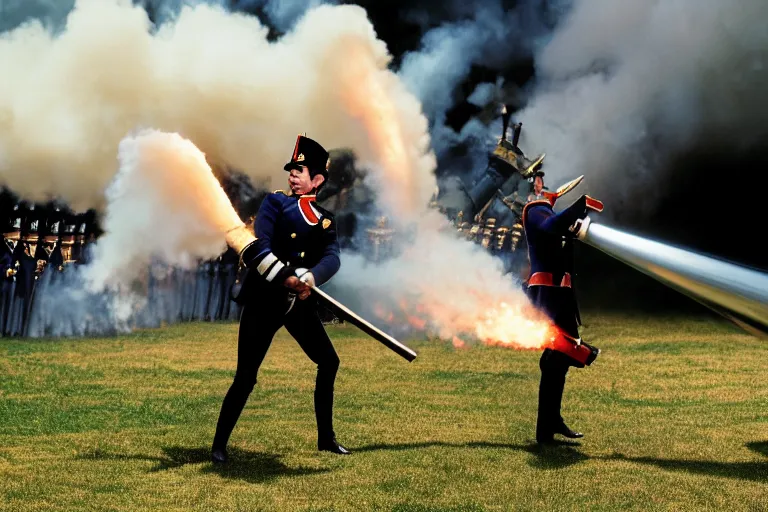 Image similar to closeup portrait of emmanuel macron dressed as napoleon firing a cannon at england, natural light, sharp, detailed face, magazine, press, photo, steve mccurry, david lazar, canon, nikon, focus