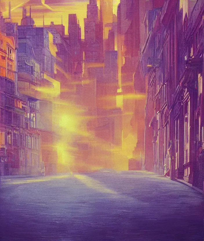 Prompt: An extremely close up shot of the interior of a European City with rays of sunlight bouncing off the buildings, sunrise, sunset, bright yet cool colors, colors and rays of yellow orange red pink purple and blue cover the image, melancholic, nostalgic, cool, epic, oil painting, painting, trending on deviantart, trending on artstation, realistic, polaroid photograph, polaroid, lens blur, photo, realistic, hyperrealistic, very realistic, detailed, very detailed, intriciate detail, intricate details, HD quality, 4k resolution, 8k resolution, in the style of an album cover, in the style of Édouard Cortès