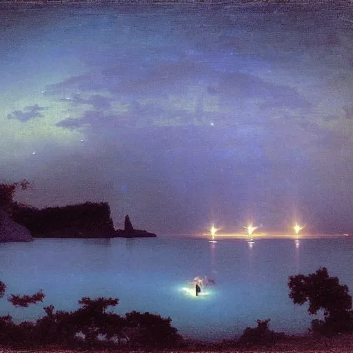 Prompt: Sea Of Stars of Vaadhoo Island Maldives, Bioluminescent sea plankton that shines multiversal during the night, makes the sea area glowing water, ethereal and dreamy, art by William-Adolphe Bouguereau