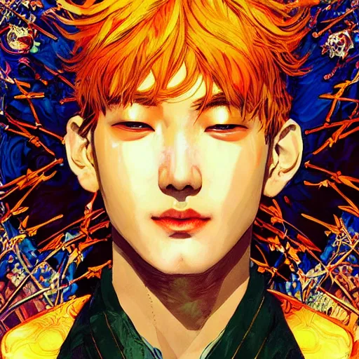 Prompt: closeup : kim taehyung as the emperor of the universe sits on his stellar and opulent throne. illustration by james jean and satoshi kon and erik jones, inspired by evangelion, smooth feature, intricate oil painting, high detail illustration, sharp high detail