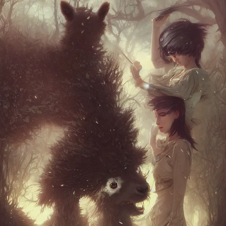 Image similar to highly detailed portrait of emo alpacas, eyeshadow, emo makeup, piercings, unreal engine, dark fantasy art by greg rutkowski, loish, rhads, ferdinand knab, makoto shinkai and lois van baarle, ilya kuvshinov, rossdraws, tom bagshaw, alphonse mucha, global illumination, radiant light, detailed and intricate environment