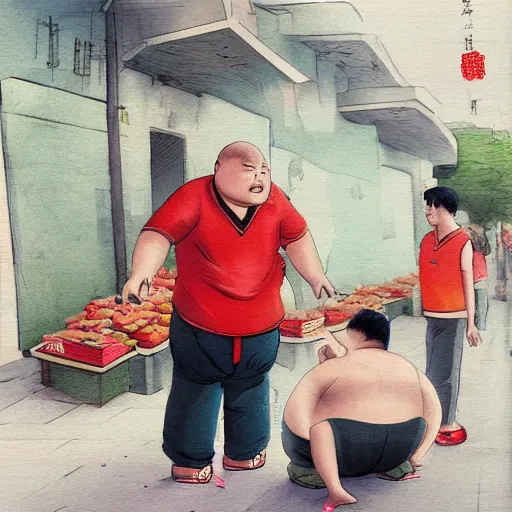 Prompt: A Chinese fat man is quarrelling with a Chinese local ruffian. The background is a watermelon stall on the street.,digital art,trending on artstation.