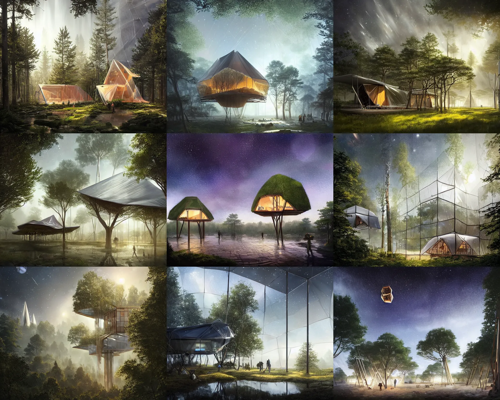 Prompt: center stage glass treehouses wrapped in tarps with a background of hexagons in space being caught with large walls coming from the ground in a museum, spires, light dust, magnificent, close up, details, sharp focus, elegant, highly detailed, illustration, by Jordan Grimmer and greg rutkowski and PiNe(パイネ) and 薯子Imoko and 香川悠作 and wlop and maya takamura, intricate, beautiful, Trending artstation, pixiv, digital Art