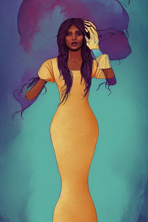 Image similar to 👩🏾🌵👗, phantom, dreary, dramatic, fluid, golden ratio, artstation, moebius + loish, hd,