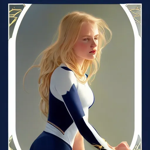 Image similar to a beautiful portrait of a beautiful cute young superhero woman, blonde hair, tight solid matte navy - blue lycra bodysuit, white cape, intricate, elegant, 8 k, highly detailed, digital painting, concept art, smooth, sharp focus, illustration, by artgerm greg rutkowski alphonse mucha loish wlop