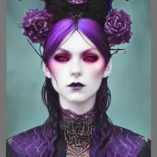 Prompt: a beautiful!! portrait of a blood witch, gothic kimono in purple and black!!!, blue eyes! by loish! and tom bagshaw