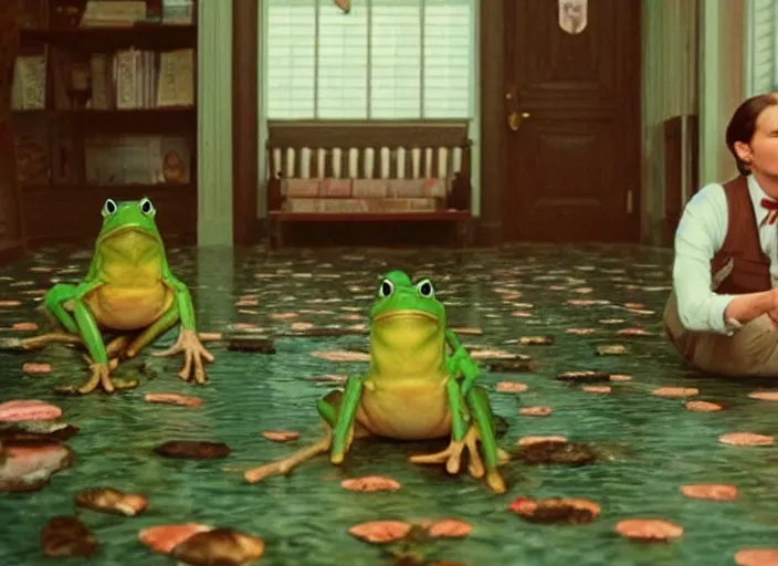 Image similar to movie still of a wes anderson movie about frogs