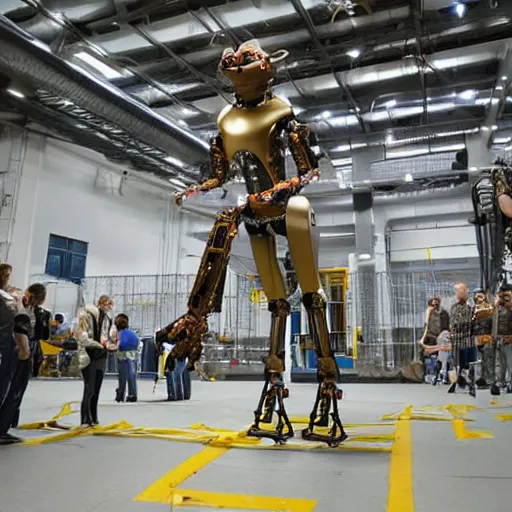 Prompt: publicity photo released by boston dynamics of its prototype metallic orangutan - style robot leaping or swinging or climbing in an obstacle - course while engineers are taking notes.
