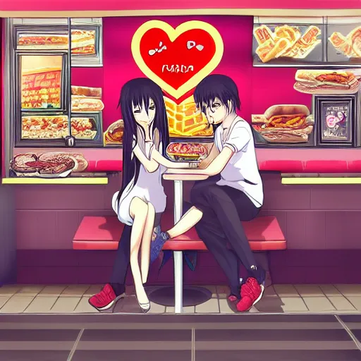 Prompt: a girl and her boyfriend eating a fast food restaurant, there are pink hearts around their heads, an anime drawing by Jin Homura, featured on pixiv, neo-romanticism, anime, pixiv, deviantart hd