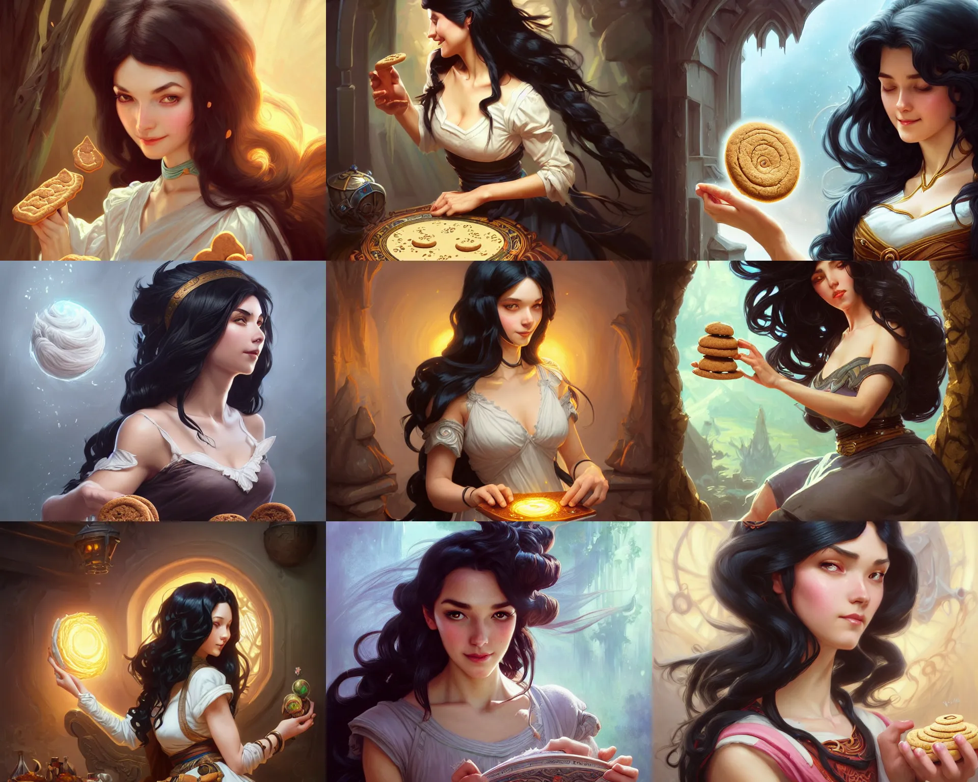 Prompt: cheerful older sister with long voluminous black hair baking cookies, deep focus, d & d, fantasy, intricate, elegant, highly detailed, digital painting, artstation, concept art, matte, sharp focus, illustration, hearthstone, art by artgerm and greg rutkowski and alphonse mucha