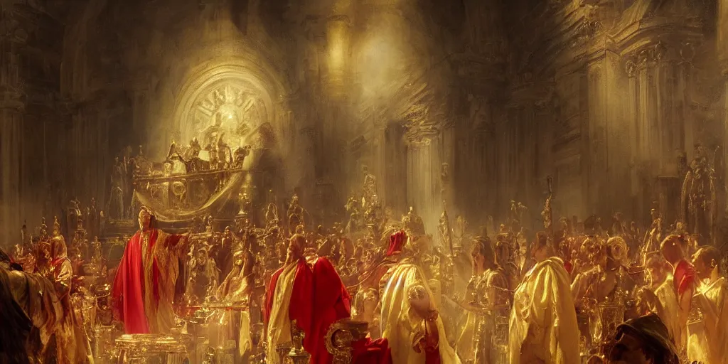 Image similar to beautiful oil matte portrait painting, steve buscemi in royal crimson robes enthroned as the god emperor of ancient rome surrounded by servants in gilded halls a golden wreath upon his head, by anders zorn, wonderful masterpiece by greg rutkowski, beautiful cinematic light, american romanticism, by thomas lawrence, greg rutkowski