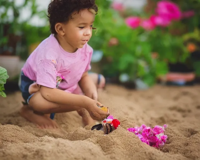 Image similar to 8 5 mm food photography of sylvester stalone playing with toys near a garden with sand with dof and bokeh and flowers o