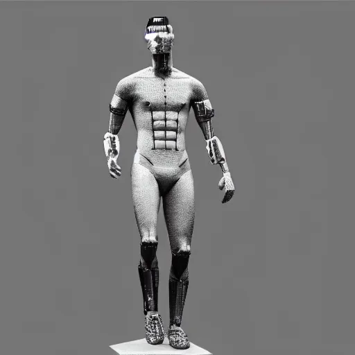 Image similar to “a realistic detailed photo of a guy who is an attractive humanoid who is half robot and half humanoid, who is a male android, Cristiano Ronaldo, shiny skin, posing like a statue, blank stare”