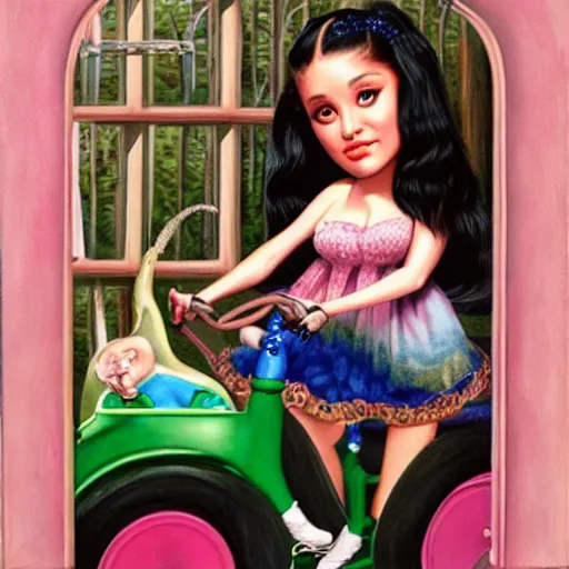 Prompt: Ariana Grande on a tricycle, lowbrow painting by Mark Ryden