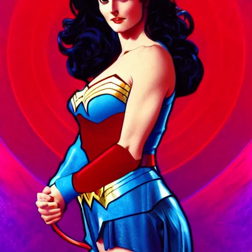 Image similar to a young lynda carter as wonder woman, volumetric lights, red and cyan theme, art nouveau botanicals, intricate, highly detailed, digital painting, artstation, concept art, smooth, sharp focus, cinematic, illustration, beautiful face, art by artgerm and greg rutkowski and alphonse mucha