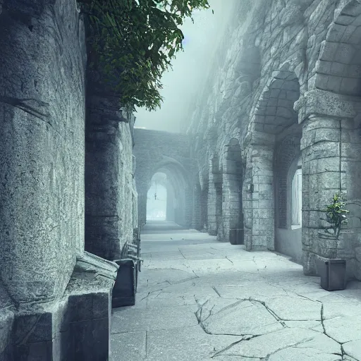 Image similar to a corridor in a stone building with trees on either side, a detailed matte painting by senior environment artist, cgsociety contest winner, fantasy art, unreal engine 5, cryengine octane render