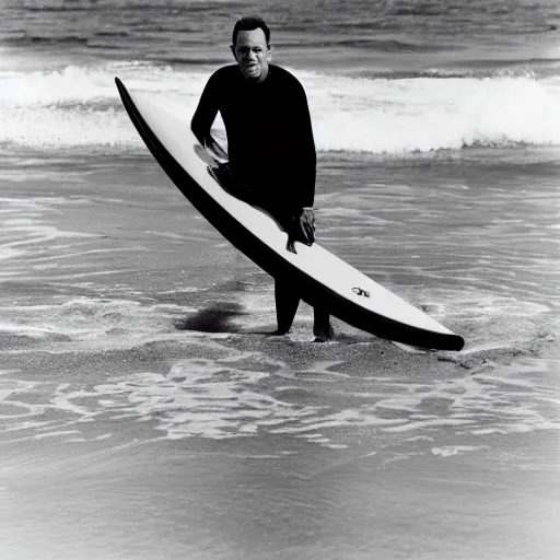 Image similar to tom hanks on a surfboard at the beach, photography, 3 5 mm lens,