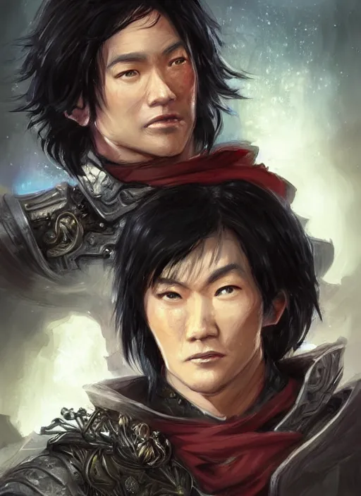 Prompt: asian with medium black hair man looking down at camera, low angle, camera low, dndbeyond, bright, colourful, realistic, dnd character portrait, full body, pathfinder, pinterest, art by ralph horsley, dnd, rpg, lotr game design fanart by concept art, behance hd, artstation, deviantart, hdr render in unreal engine 5