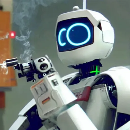 Prompt: chappie the robot making a vape smoke cloud, huge amount of vape, we get it you vape