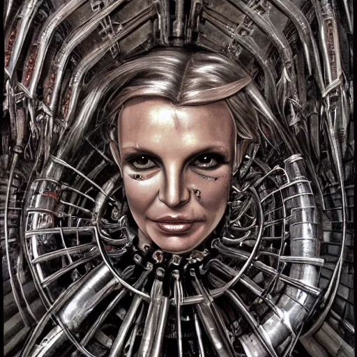 Prompt: britney spears encased in biomechanical machine, heavy conduits, complex scene, rich composition, heavy in detail, evil, corruption, decay, grime, smooth, sharp focus, airbrush, illustration, symmetrical, portrait, art by h. r. giger