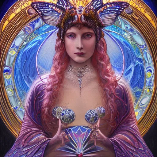 Prompt: beautiful closeup portrait of an art deco fairy queen, glowing eyes. reflective detailed textures, moth wings, highly detailed dark fantasy science fiction painting by donato giancola and nicholas roerich, elaborate geometric ornament, ancient runes, silver and cool colors. artstation