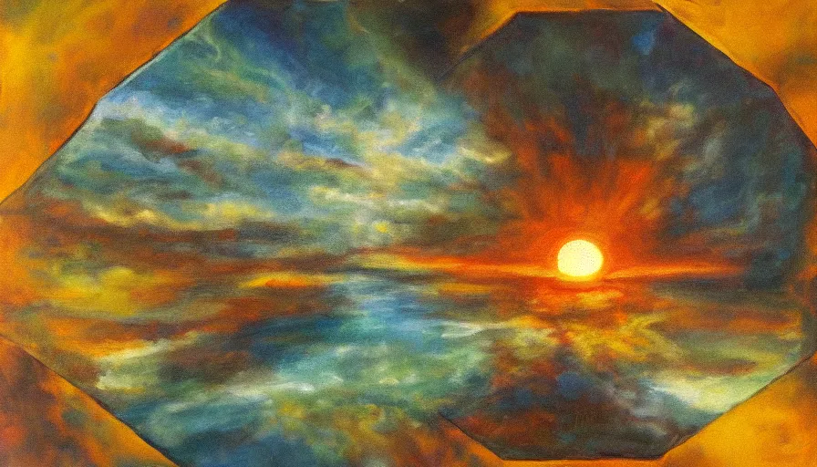 Prompt: the sun being blocked by a hexagon, earth in the foreground, oil painting