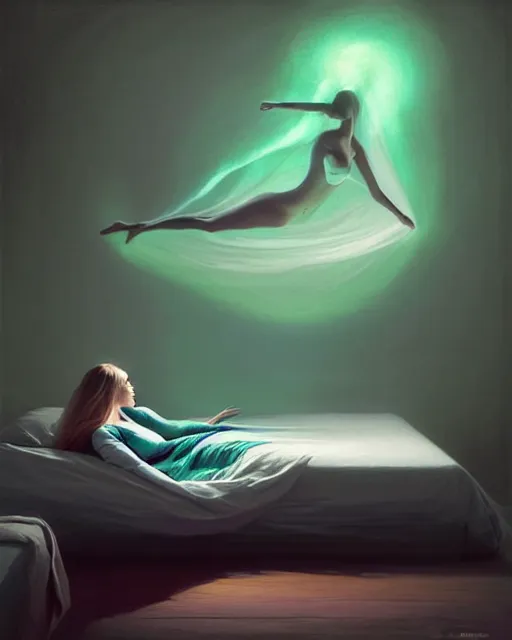 Prompt: a woman floating abover her bed at night, astral projection, green smoke??! surreal concept art, lifelike, photorealistic, digital painting, aesthetic, smooth, sharp focus, artstation hd, artgerm and by greg rutkowski, bruce pennington, valentina remenar, rhads, asher duran,