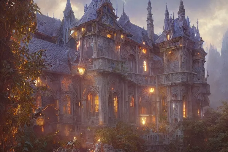 Image similar to painting of a fantasy castle, ultra realistic, concept art, intricate details, eerie, highly detailed, photorealistic, octane render, 8 k, unreal engine. art by artgerm and greg rutkowski and alphonse mucha