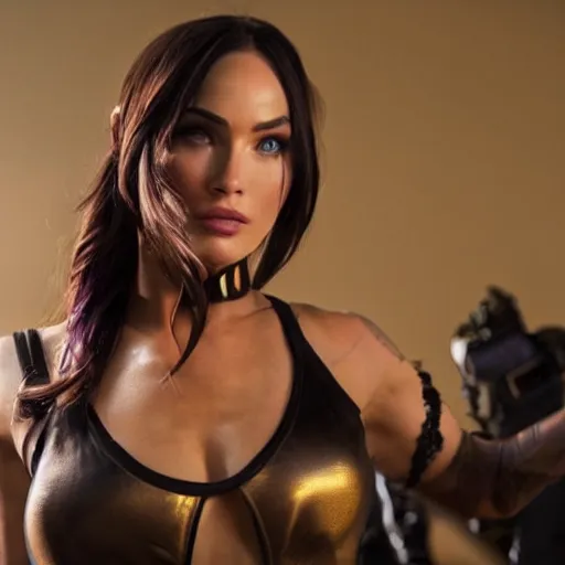 Image similar to action still of Caitlyn in KDA League of legends movie played by Megan Fox. dslr, 4k, imax, cinematic, 35mm, 4k resolution