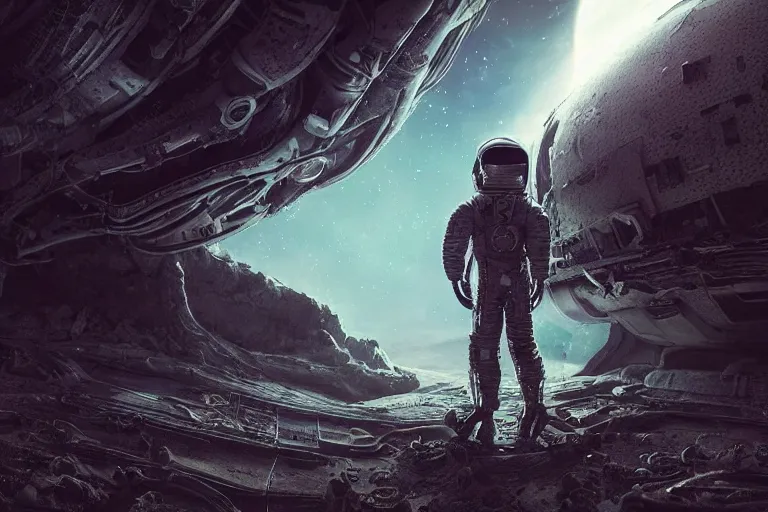 Prompt: distant low angel photograph of an astronaut exploring an abandoned alien planet with alien skeletons, alien skulls, fallen kingdom city ruins, science fiction, detailed space suit, cinematic, hypermaximalist, detailed, 4k, 8k, breathtaking stars, surrealism, distant, concept art, digital art, sharp focus, reflections, RTX, octane render, acid pixie, Trending on DeviantArt