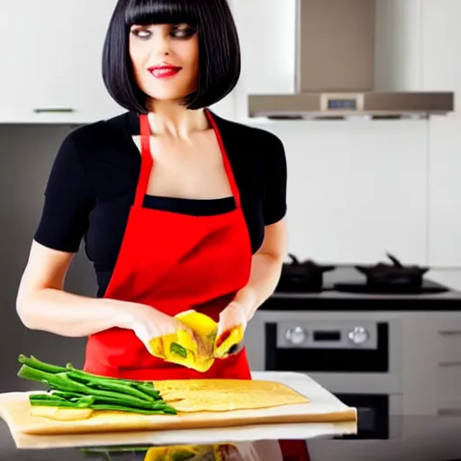 Prompt: image of a beautiful woman with dark hair and bob haircut cooking omelette in the modern kitchen. dynamic lighting.