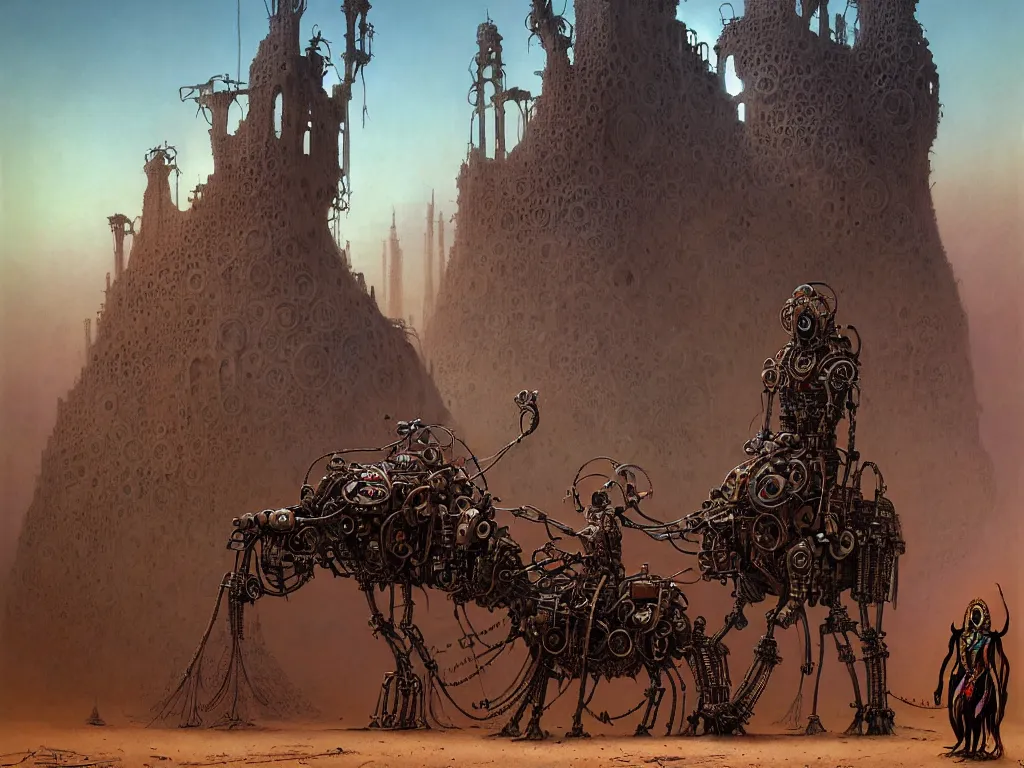 Prompt: A magical male-shaman in shamanistic robes performs a ritual to resurrect a mechanical horse inside a huge steel ancient ruins covered of dunes of sand. Art by Finnian MacManus, Zdzisław Beksiński, Simon Stalenhag, Arthur Rackham. Masterpiece, fantasy art, cinematic, hyperdetailed, sigils, photorealistic, cyberpunk, postapocalyptic, steampunk, hyperrealism, octane render, 8k