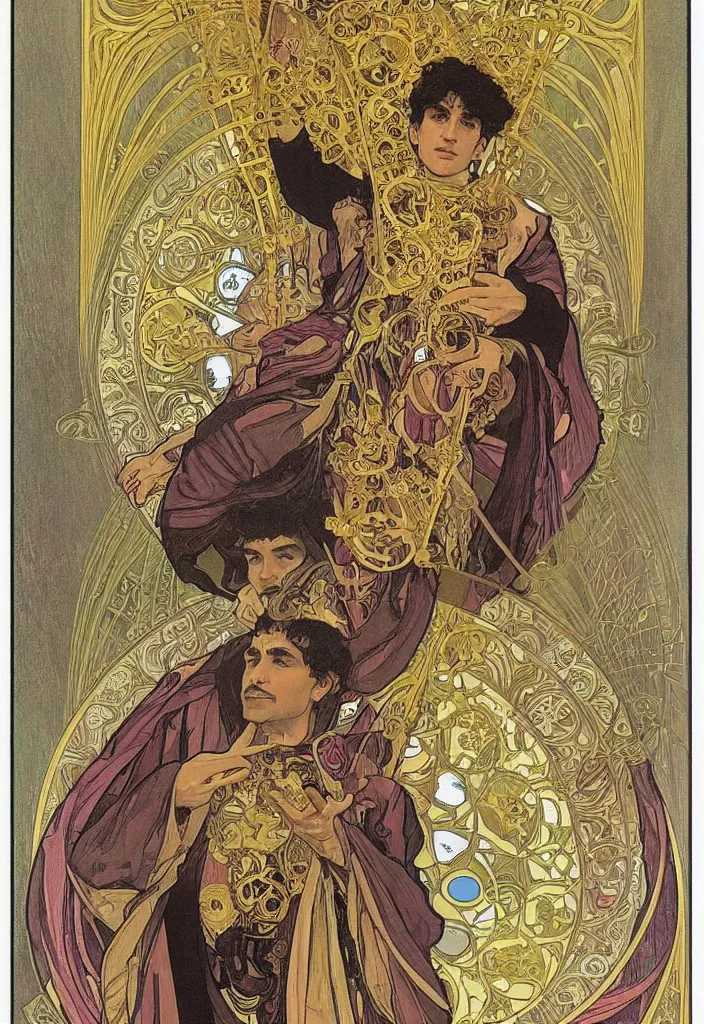 Image similar to Yoshua Bengio as the emperor on a tarot card, tarot in art style by Alphonse Mucha