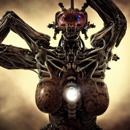 Image similar to a biomechanical horror, half creature half machine, DOOM inspired, realistic octane render