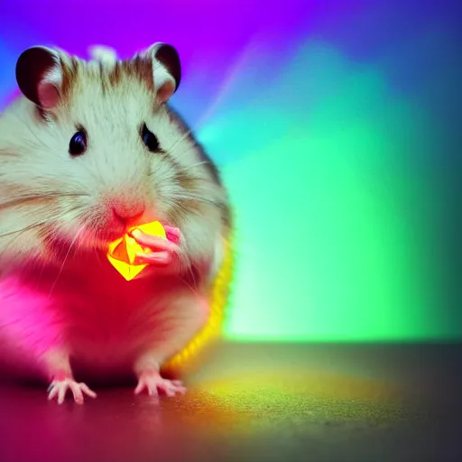 Image similar to cyberpunk hamster holding rainbow gem crystal, neon lights, light reflection, 8 k, hd