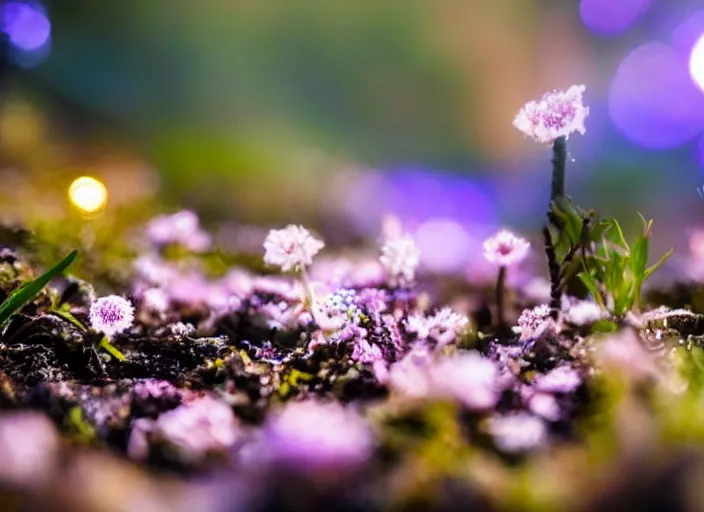 Prompt: a fantasy forest on planet Pandora with delicate flowers and mushrooms and plants that glow in the dusk, macro close up, bokeh,