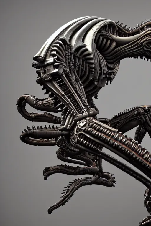 Prompt: detailed intricate biomechanical xenomorph artifact on display, cinematic render