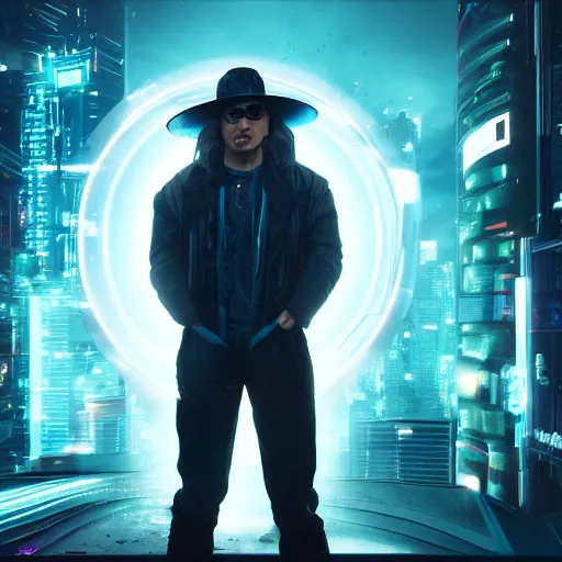 Prompt: a man wearing a hat from the future, cyberpunk background, highly detailed, epic lighting, 8 k