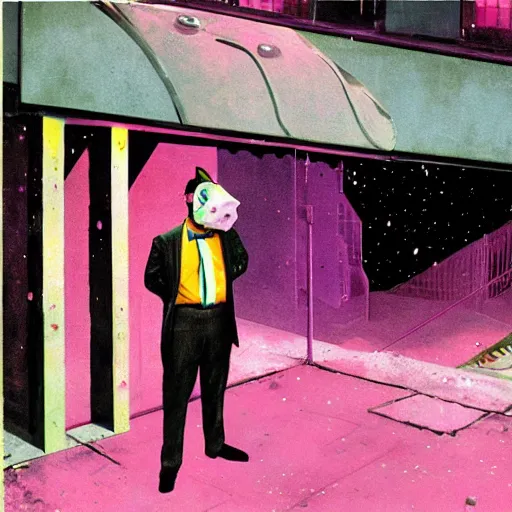 Image similar to man wearing a pink suit and a pink pig mask standing outside a night club, chris foss, john harris, beeple, wayne barlowe