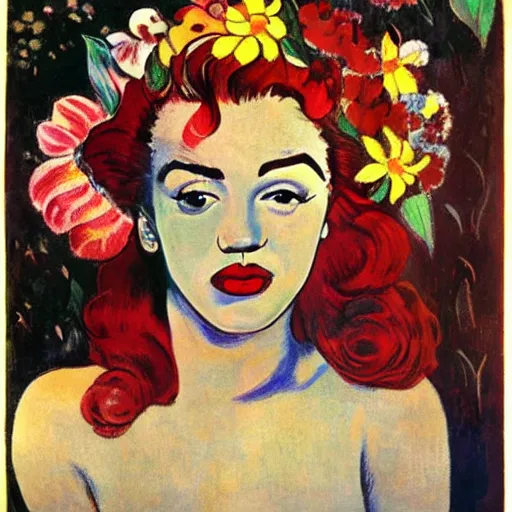 Prompt: Girl in flowers, red lipstick on her face, ugly look, Gauguin style, the appearance of Marilyn Monroe