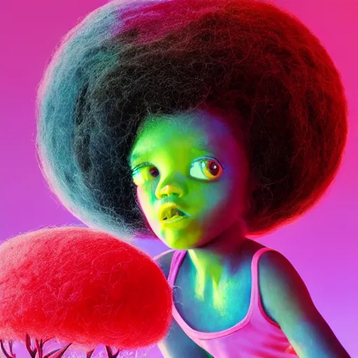 Prompt: a black girl with big beautiful eyes and a colorful afro playing with bubbles in the candy forest, bright colors, synthwave, watercolor, volumetric wool felting, felt, macro photography, children illustration, global illumination, radiant light, detailed and intricate environment, by goro fujita, bokeh!!!!