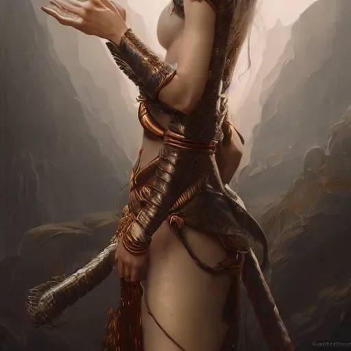 Image similar to A detailed matte painted portrait of an elf woman with small horns of copper and copper dragon scales covering her arm and neck wearing a simple white robe, by greg rutkowski, trending on artstation, dungeon and dragons art